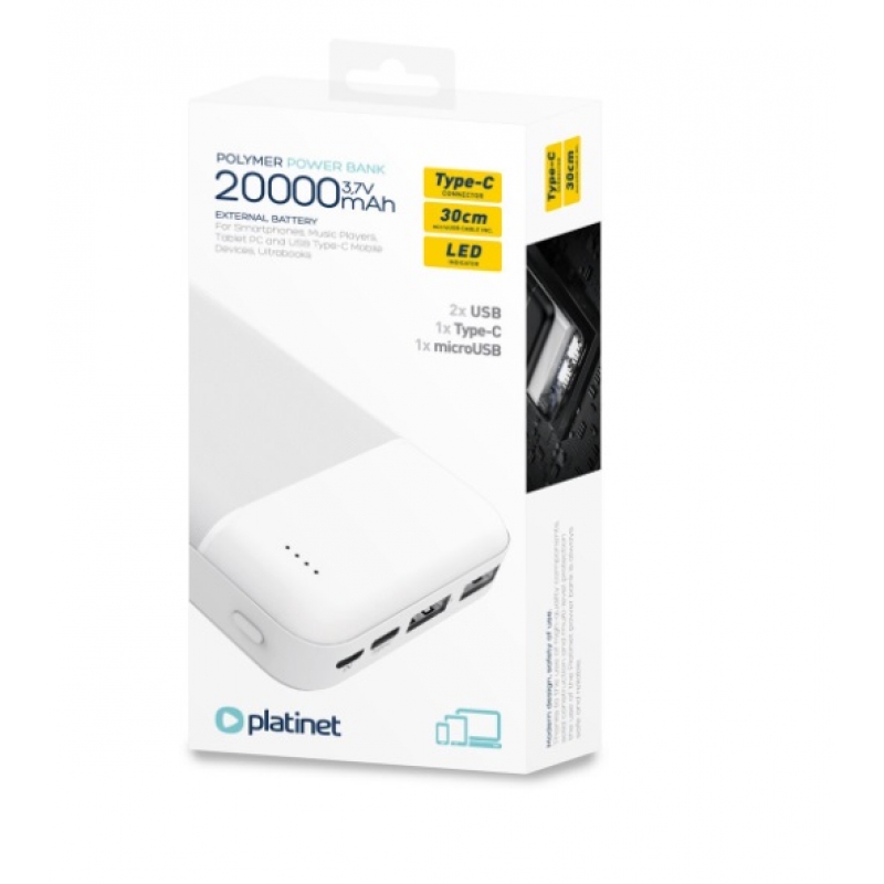 Външна батерия, powerbank 20000 mAH бяла Platinet 45723 | Компютърни аксесоари | ТЕХНИКА