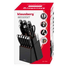 Комплект ножове Klausberg KB 7985, 13 части, Неръждаема стомана, Стойка+точило, Черен